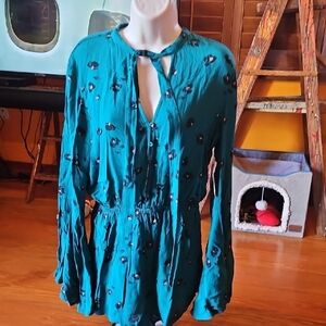Billabong Teal Floral Long-Sleeve Peasant Top